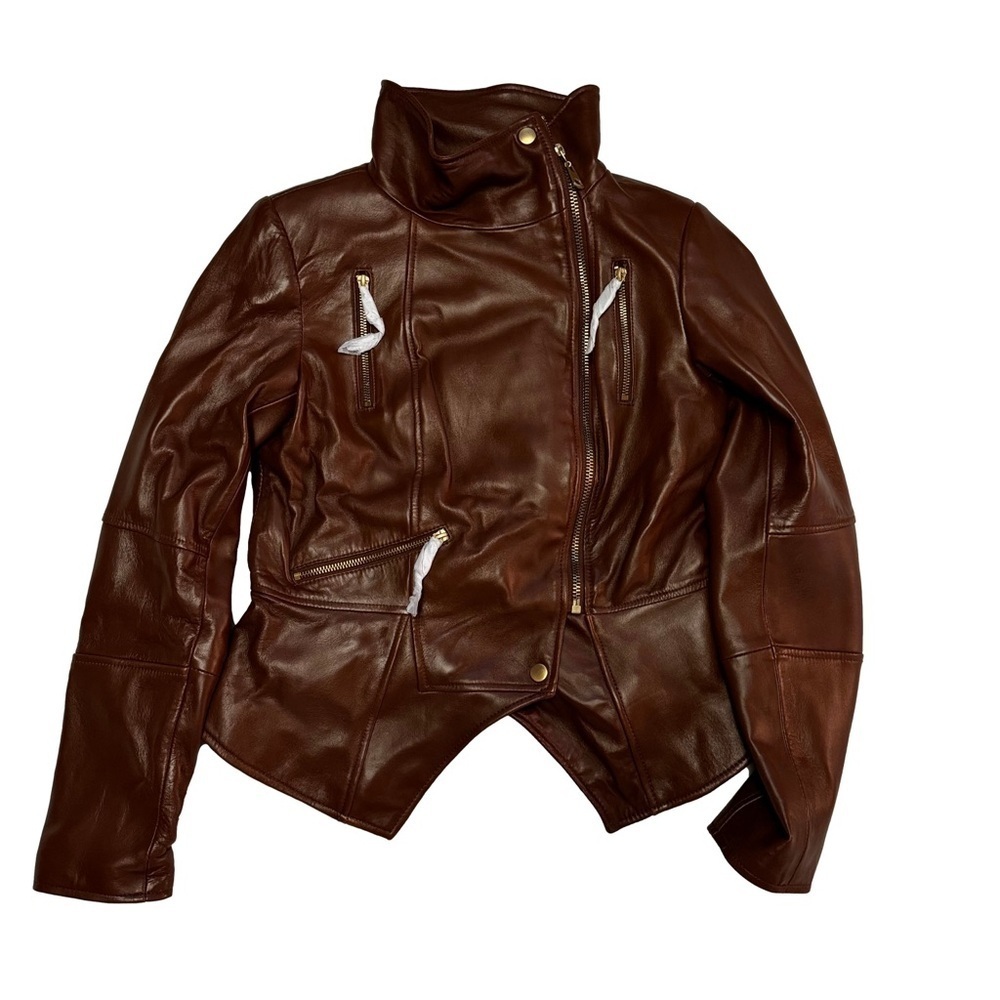 G.I.L.I. Leather Jacket with Zipper Details Size 4 British Tan NWT - Picture 15 of 16